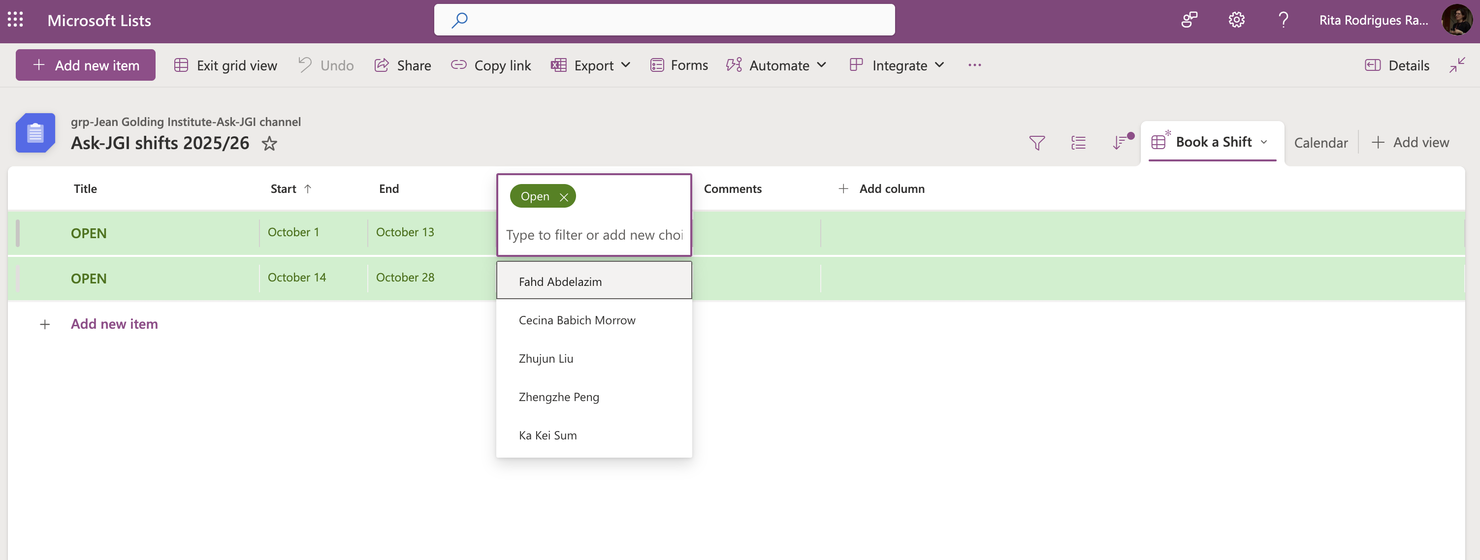 A screengrab from the Ask-JGI outlook calendar showing how to edit shift events.
