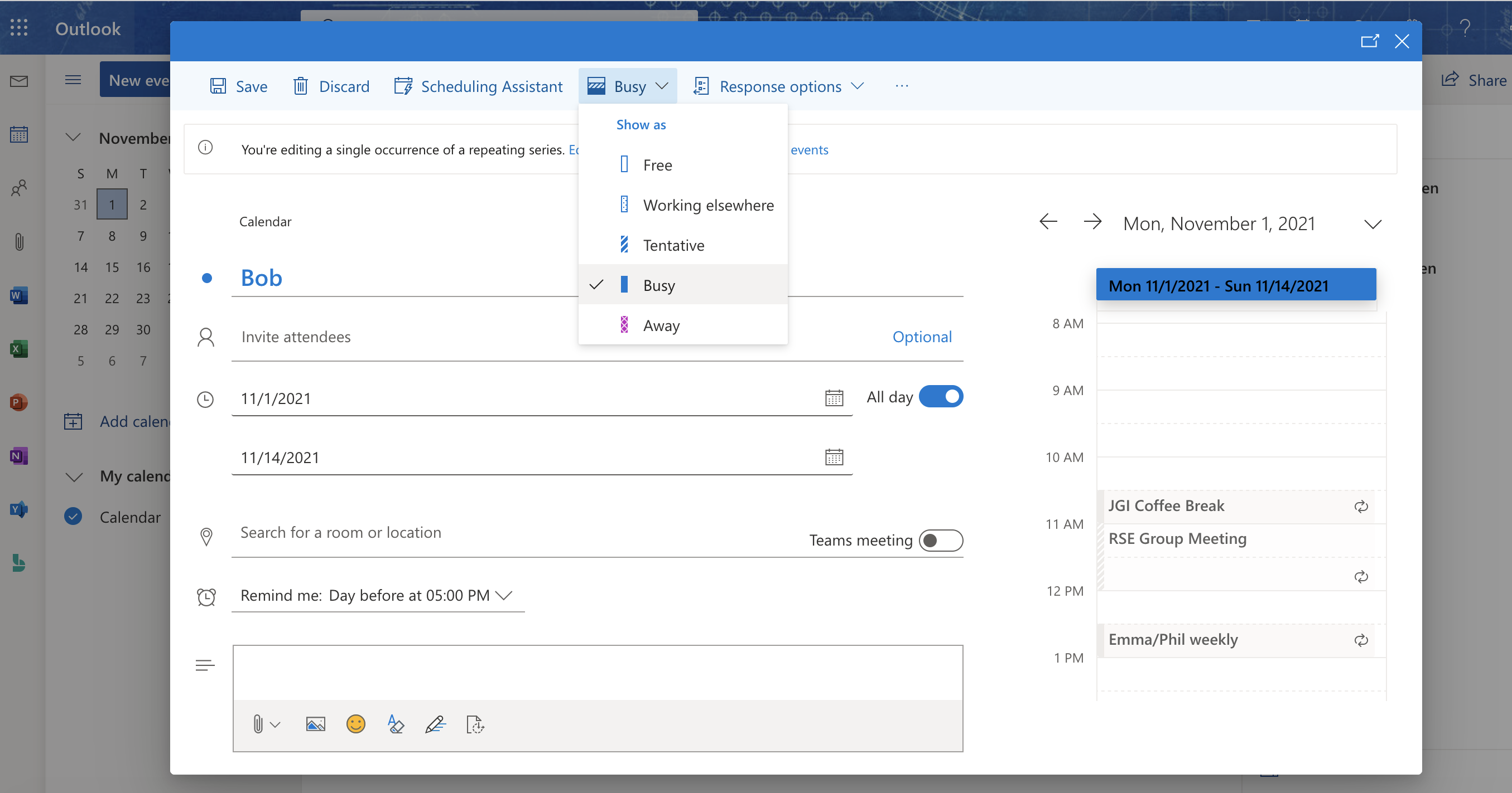 A screengrab from the Ask-JGI outlook calendar showing an example of "Bob" working a shift.
