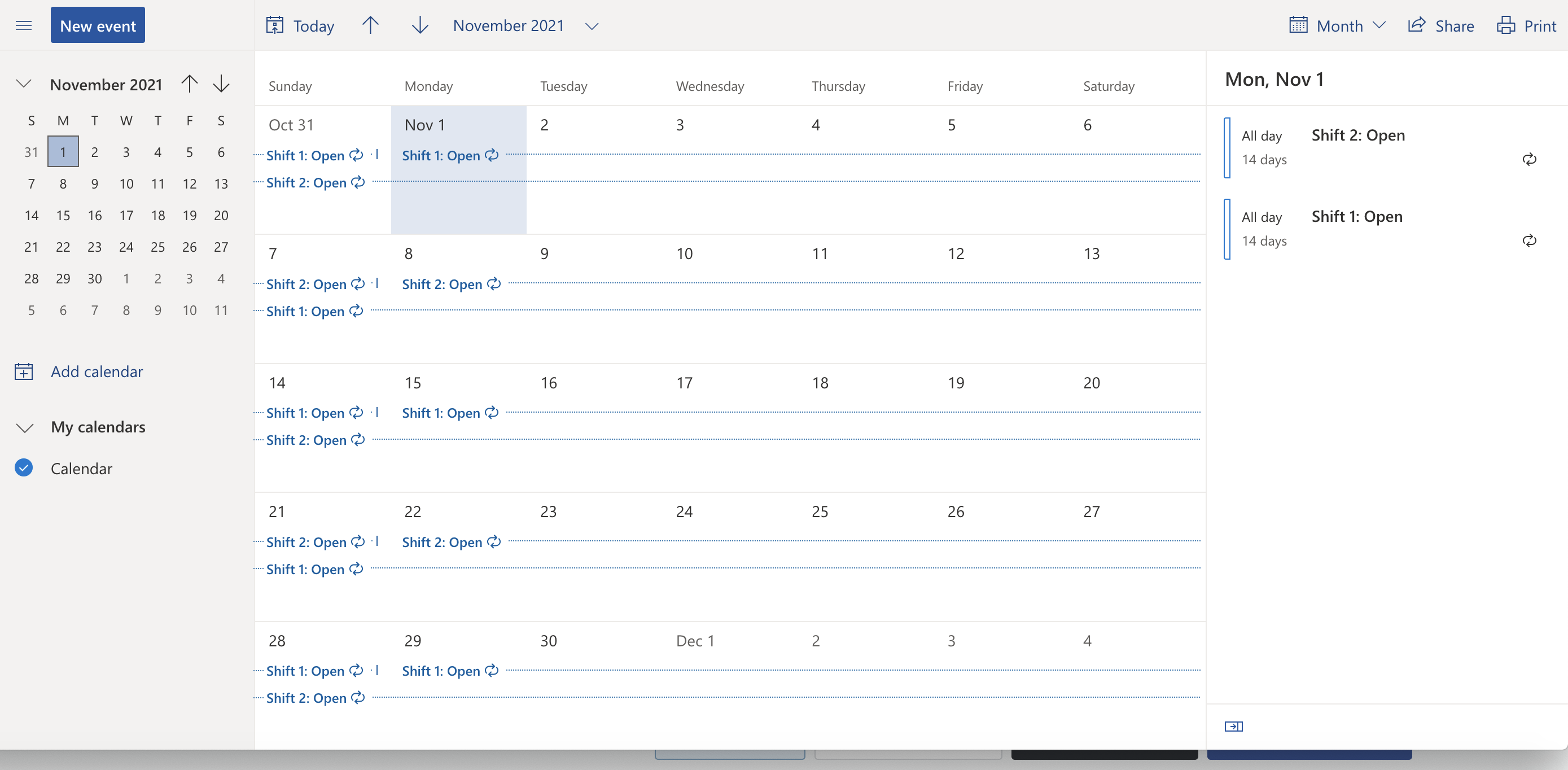 A screengrab from the Ask-JGI outlook calendar showing open shifts.
